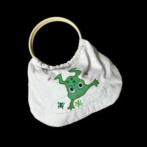 Vintage White Purse 1970s Country Fair Frog Lotus Plastic Hoop Handles Kitschy